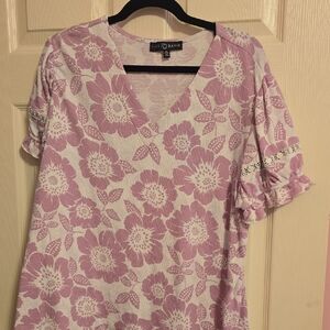 Fred David Pink‎ Floral V-Neck Blouse
